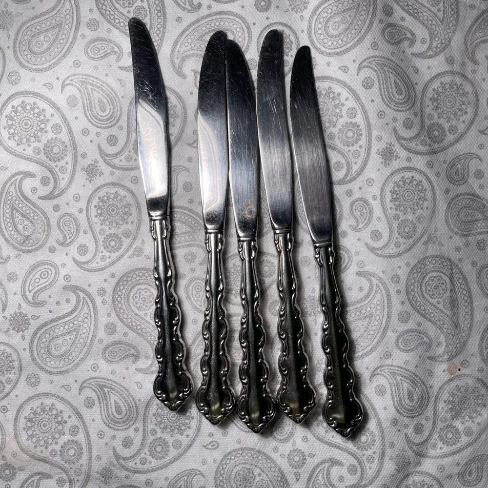 Vintage Style Stainless Steel Dinner Knives Set of 5 Ornate Handle
